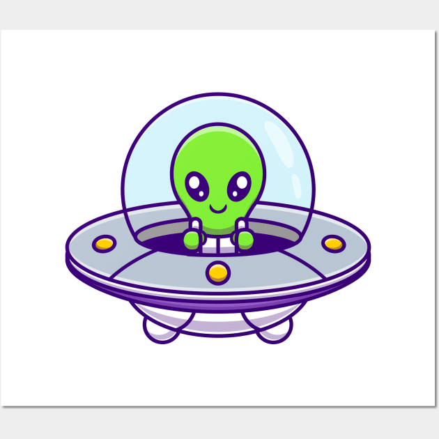 Cute Alien Flying With Spaceship Ufo Wall Art by Catalyst Labs